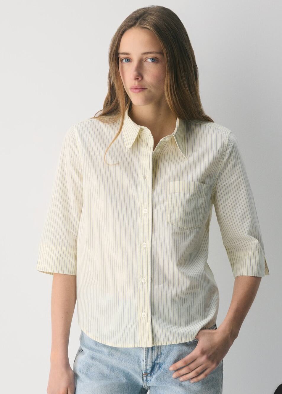 TNA Steer Poplin Shirt Cotton button-up 3/4 sleeves Stripes L Butter Yellow Blue